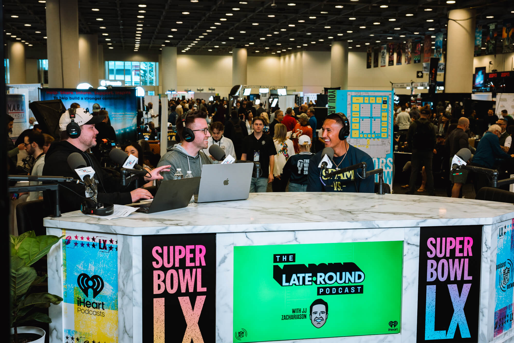 Podcast recording at a crowded event